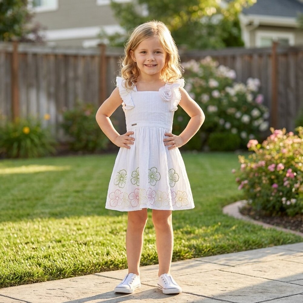Peppermint Girls A-Line Embroidered Floral Summer Dress- White